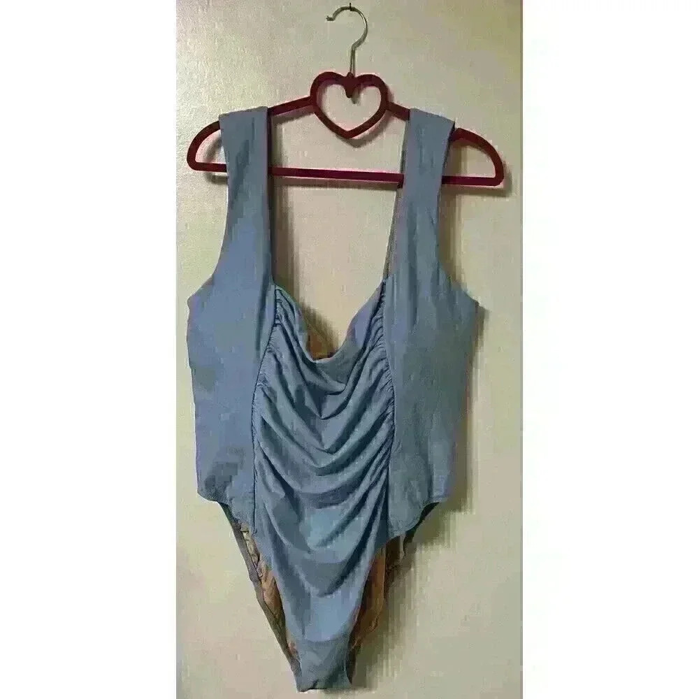 J Crew Womens Swimsuit 24 Ruched Squareneck One Piece Blue Mist BF179 NWT